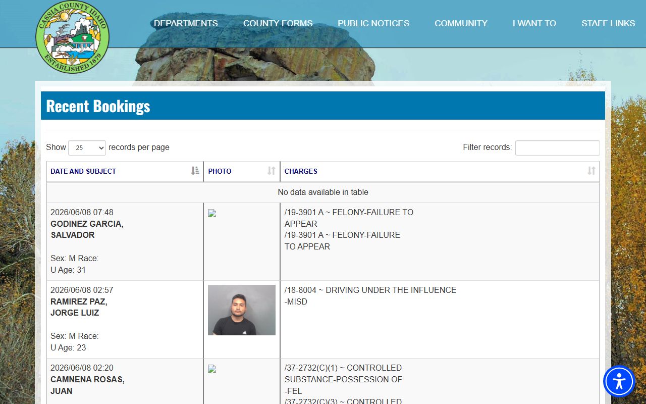 Cassia County recent bookings page showing booking and charge fields