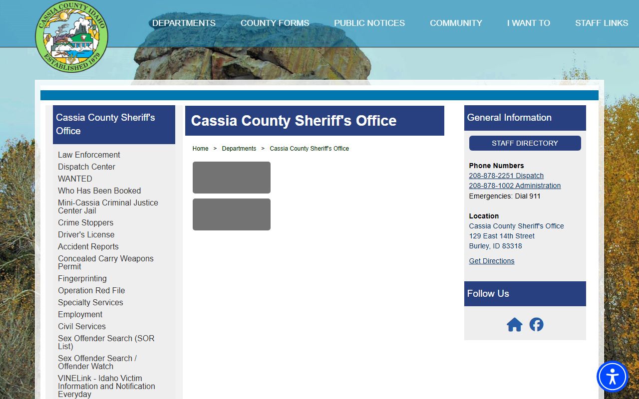 Cassia County Sheriff's Office page with address and dispatch contacts