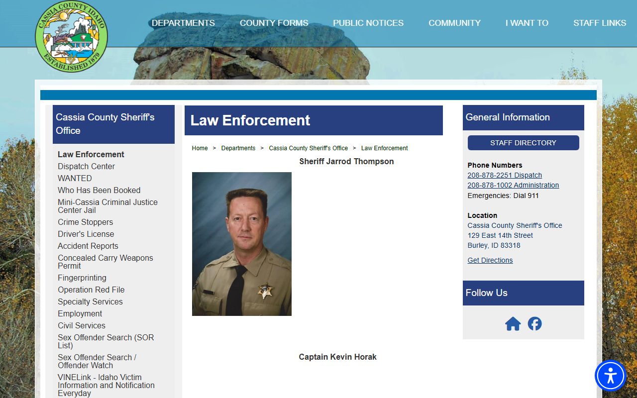 Cassia County Sheriff law enforcement page with Sheriff Jarrod Thompson and phone contacts