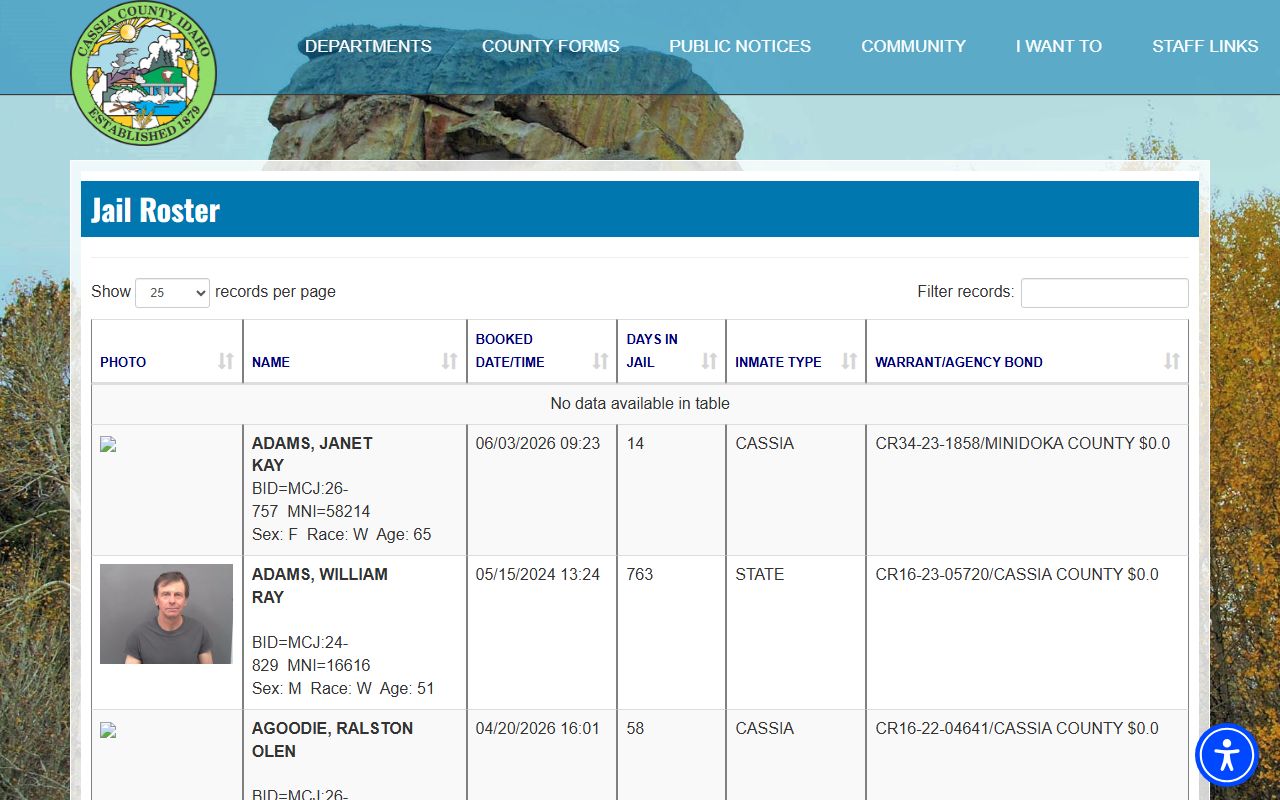 Cassia County jail roster showing custody identifiers, cases, agencies, and bond lines