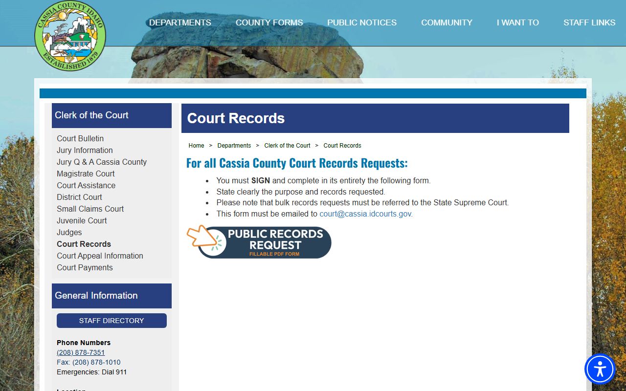 Cassia County court records request page