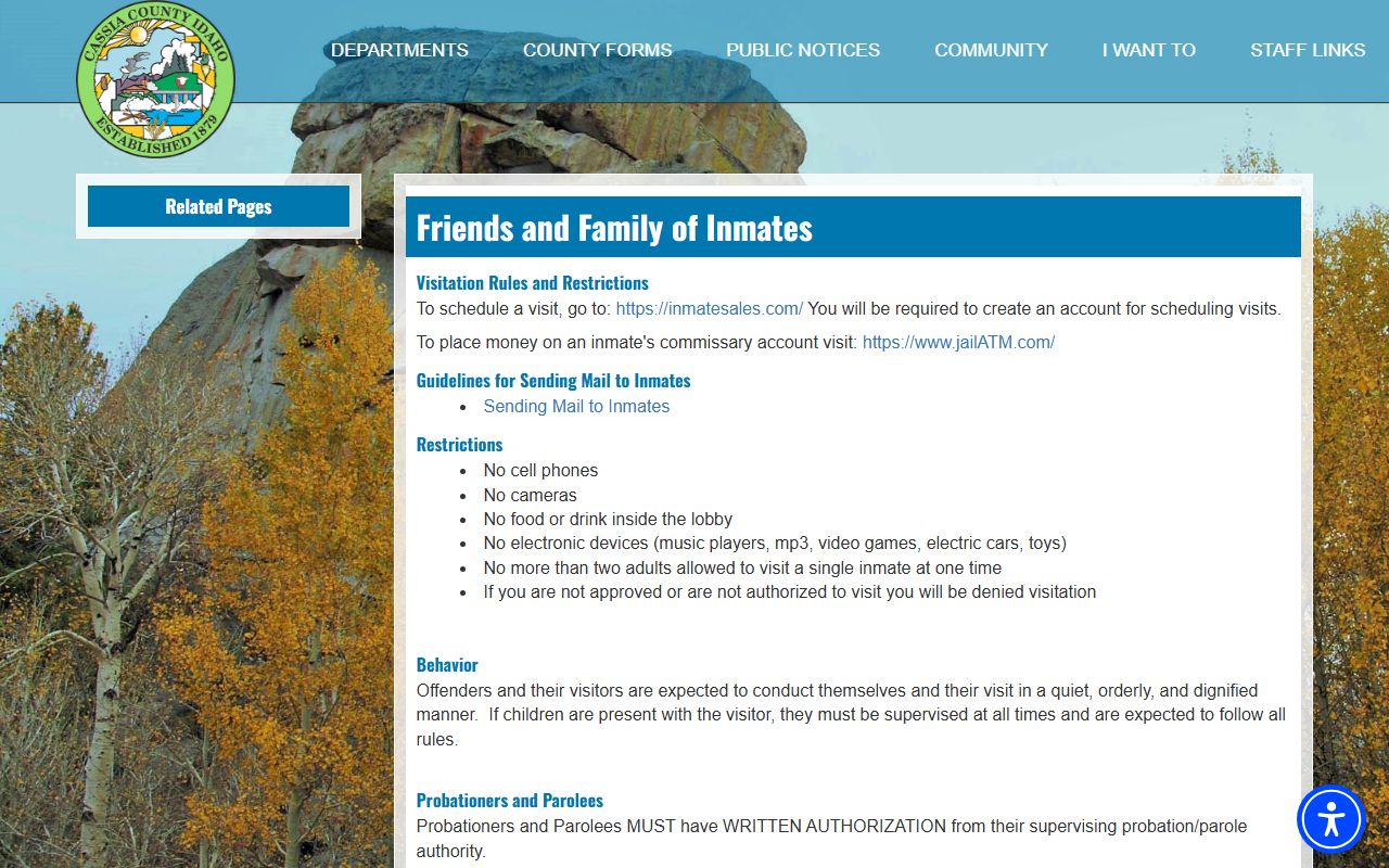 Cassia County friends and family page with visitation and commissary instructions