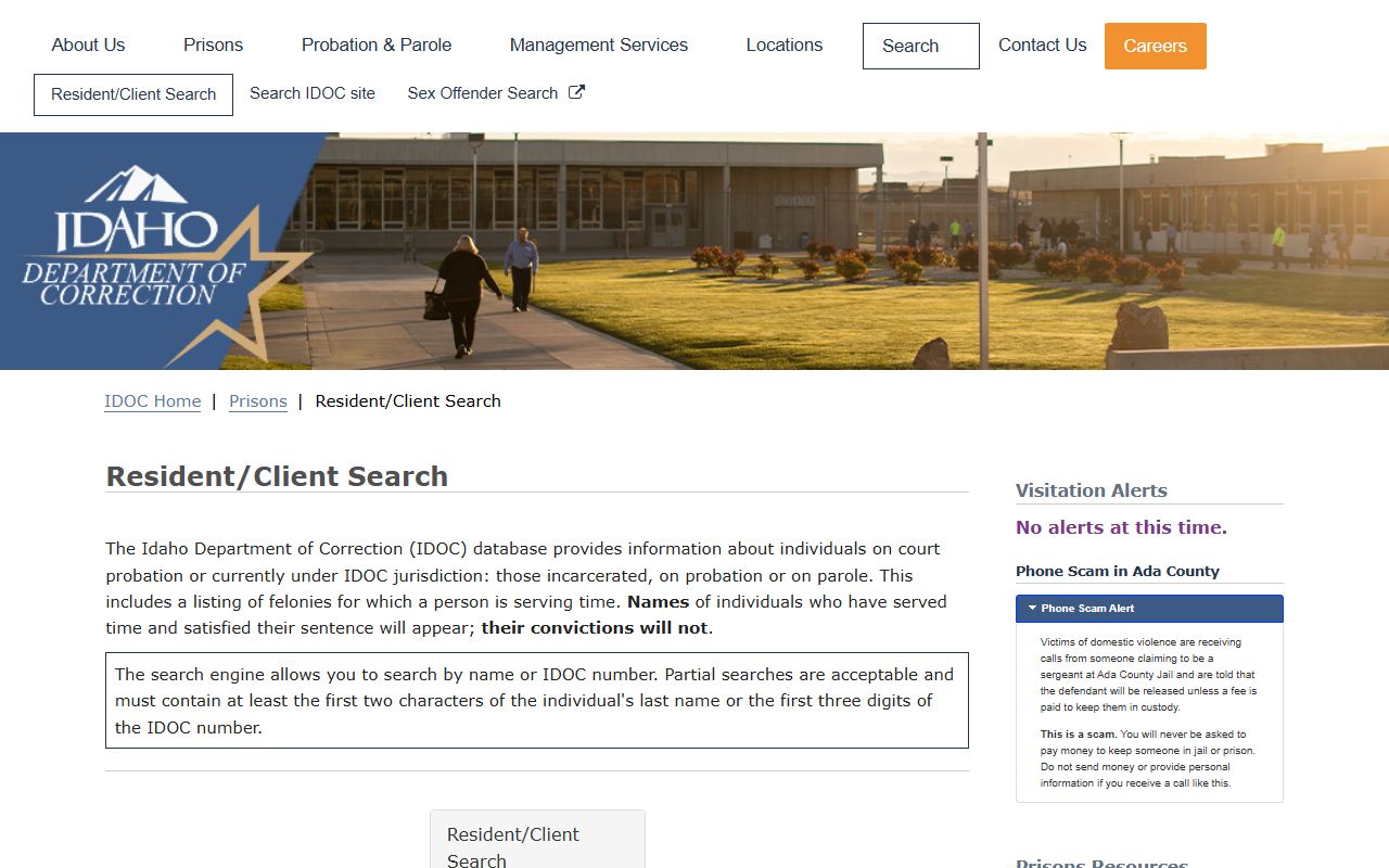 Idaho Department of Correction resident and client search page