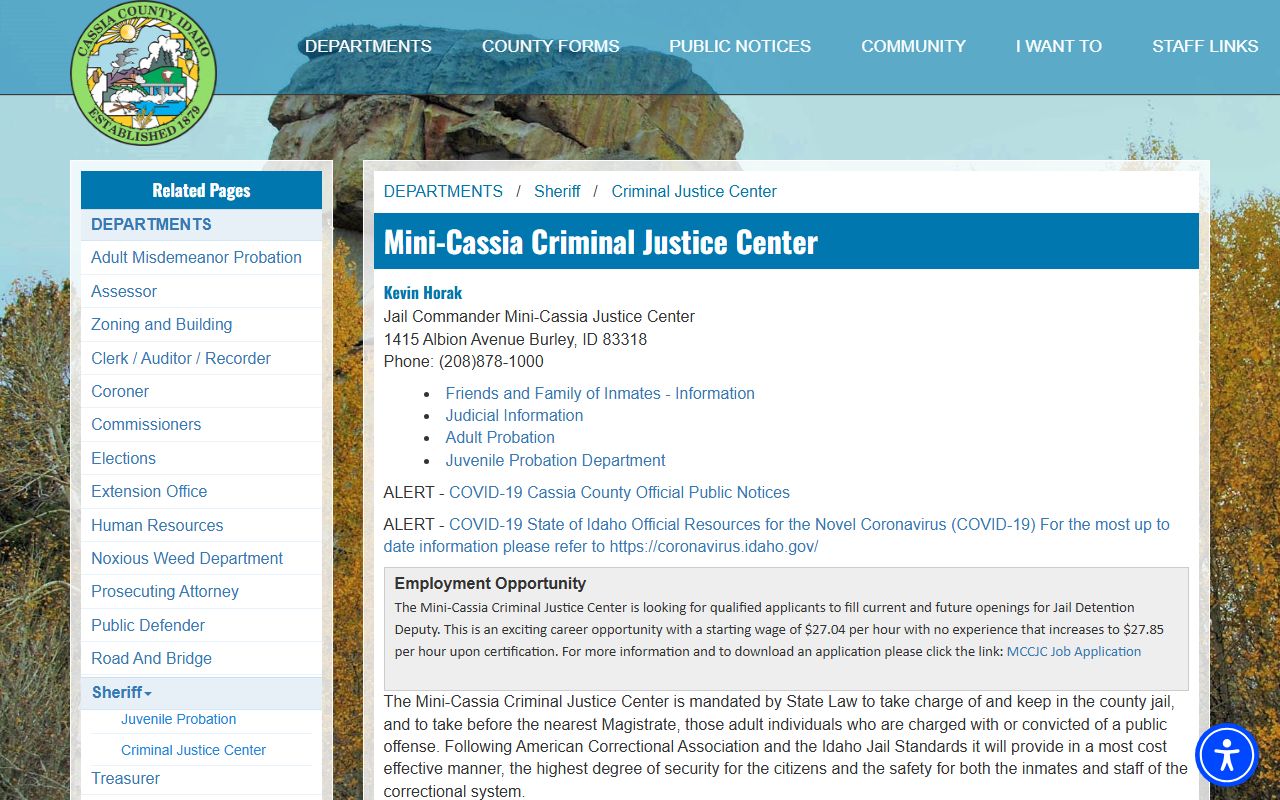 Mini-Cassia Criminal Justice Center page with jail roster and recent booking links