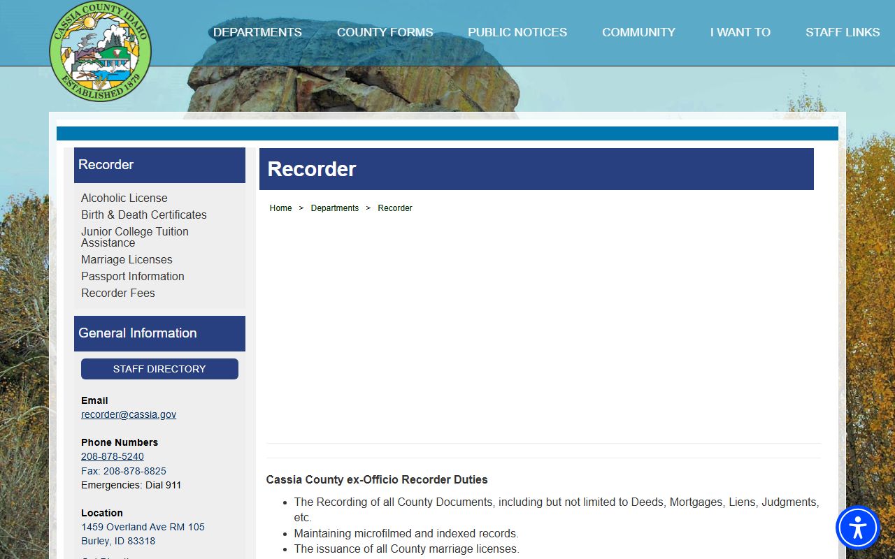 Cassia County marriage records Recorder page