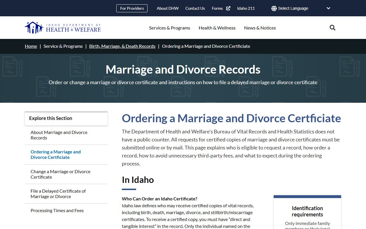 Cassia County marriage and divorce records Idaho certificate ordering page