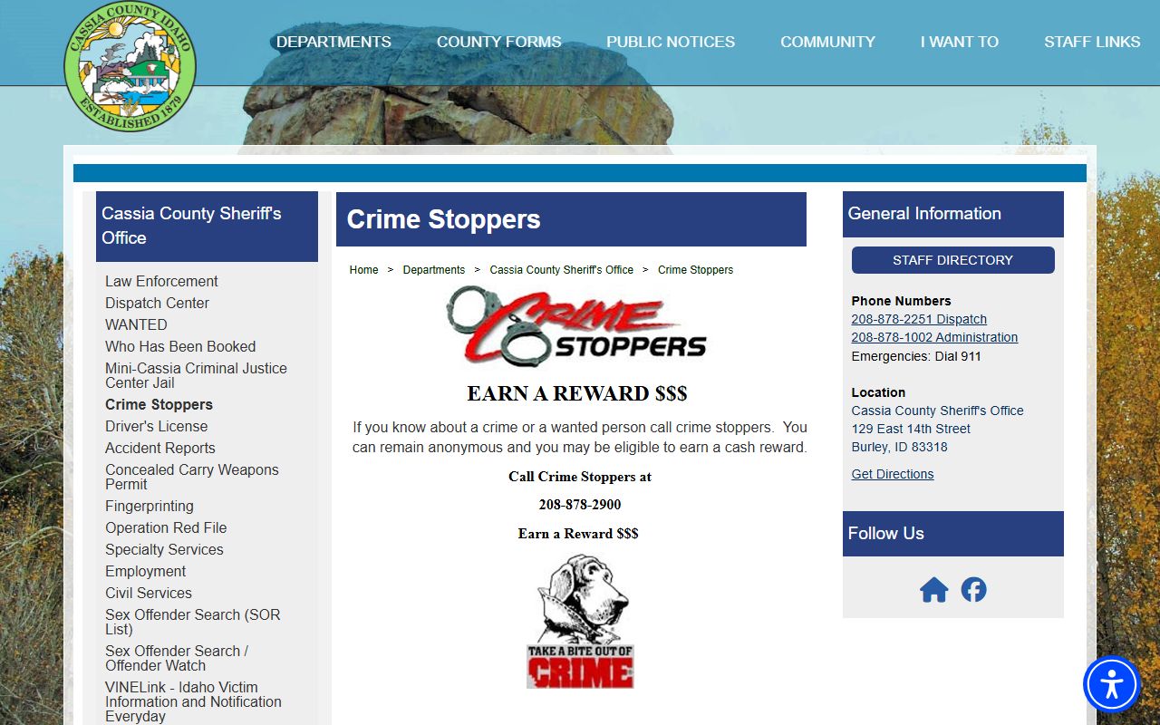 Cassia County Crime Stoppers page for anonymous warrant and crime tips