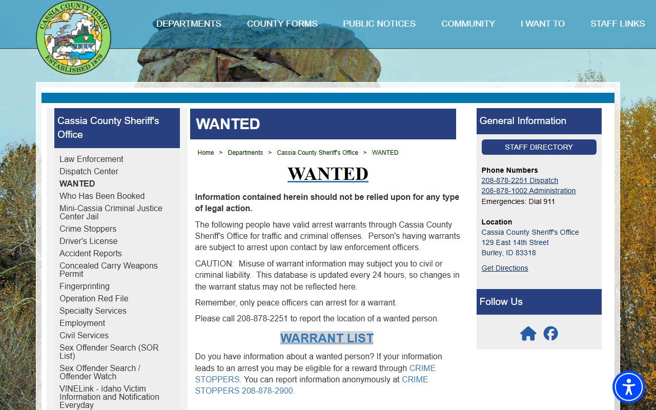 Cassia County wanted overview with warrant cautions and tip information